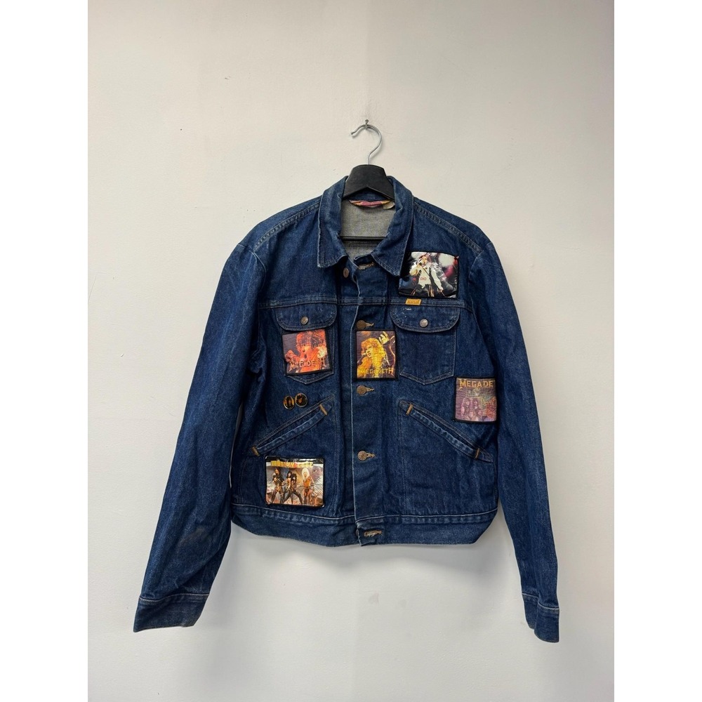 Vintage Rustler Denim Jacket Mens Large Blue Motley Crue Megadeth Biker‎ Metal